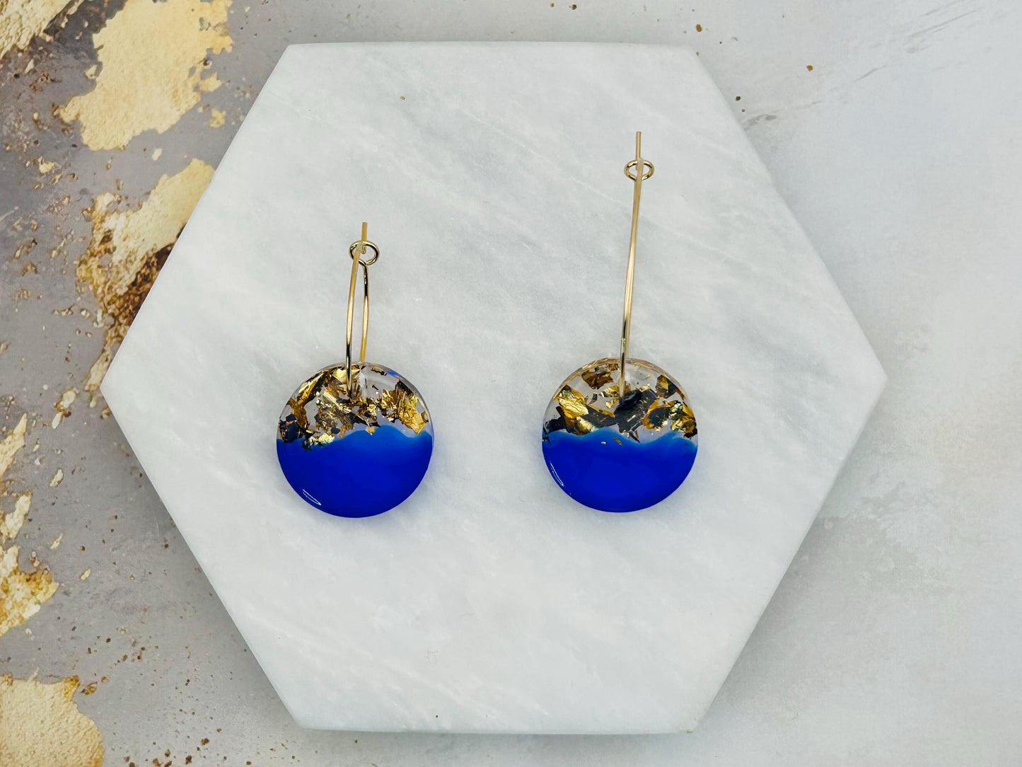 Handmade Royal Blue Resin Earrings: Gold Leaf, Gold Plated Hoops