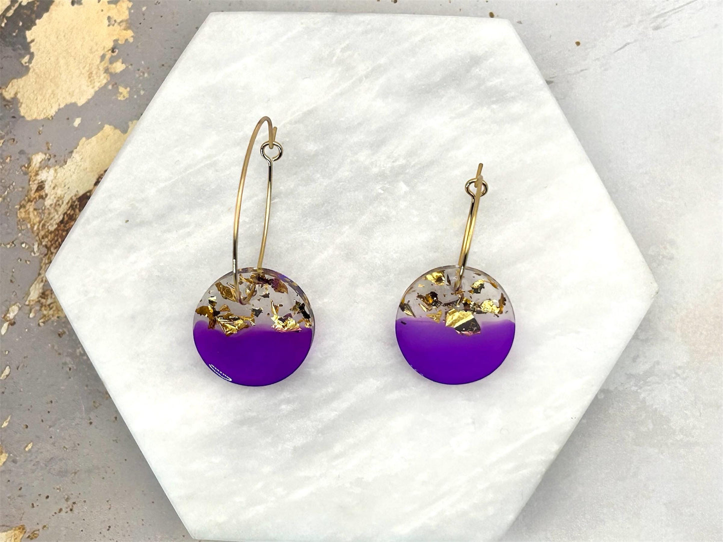Handmade Resin Circle Earrings: Gold Leaf Purple Hoops