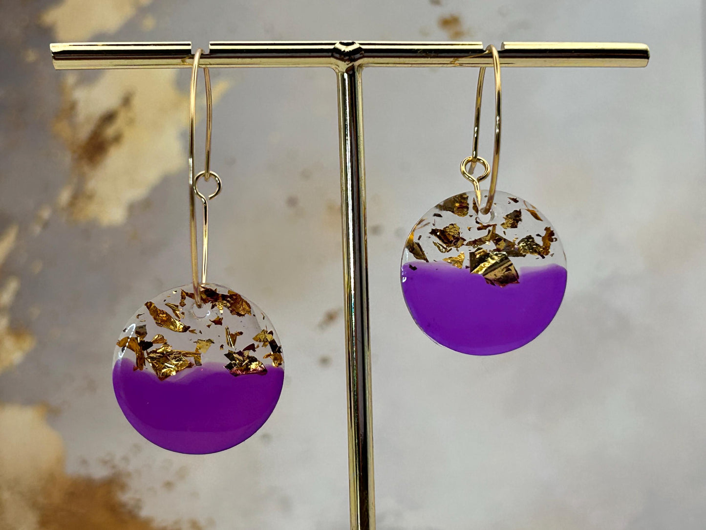 Handmade Resin Circle Earrings: Gold Leaf Purple Hoops