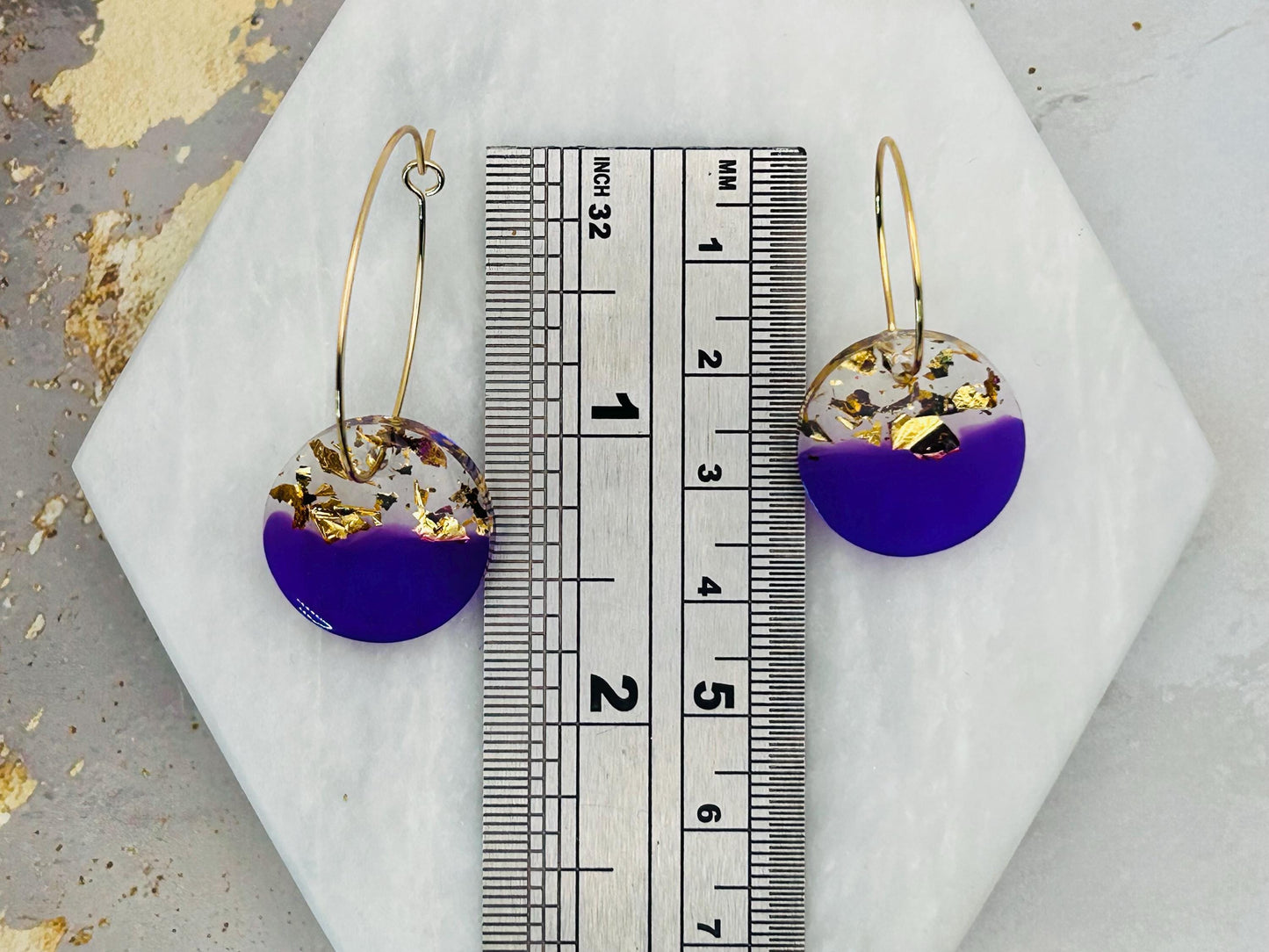Handmade Resin Circle Earrings: Gold Leaf Purple Hoops
