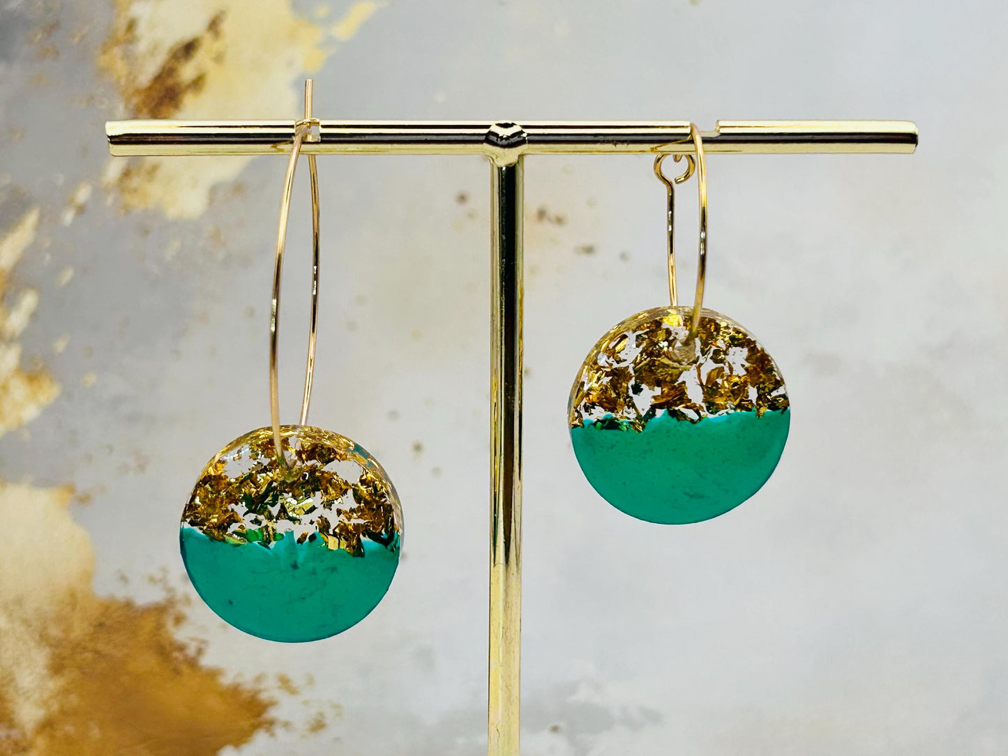 Handmade Green Resin Earrings: Gold Leaf Flake, Gold Plated Hoops