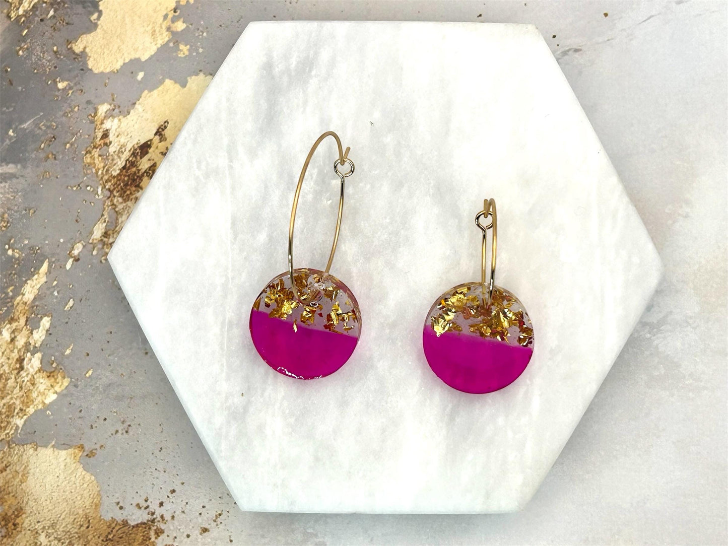 Handmade Resin Earrings: Fushia Pink, Gold Leaf, Gold Plated Hoops