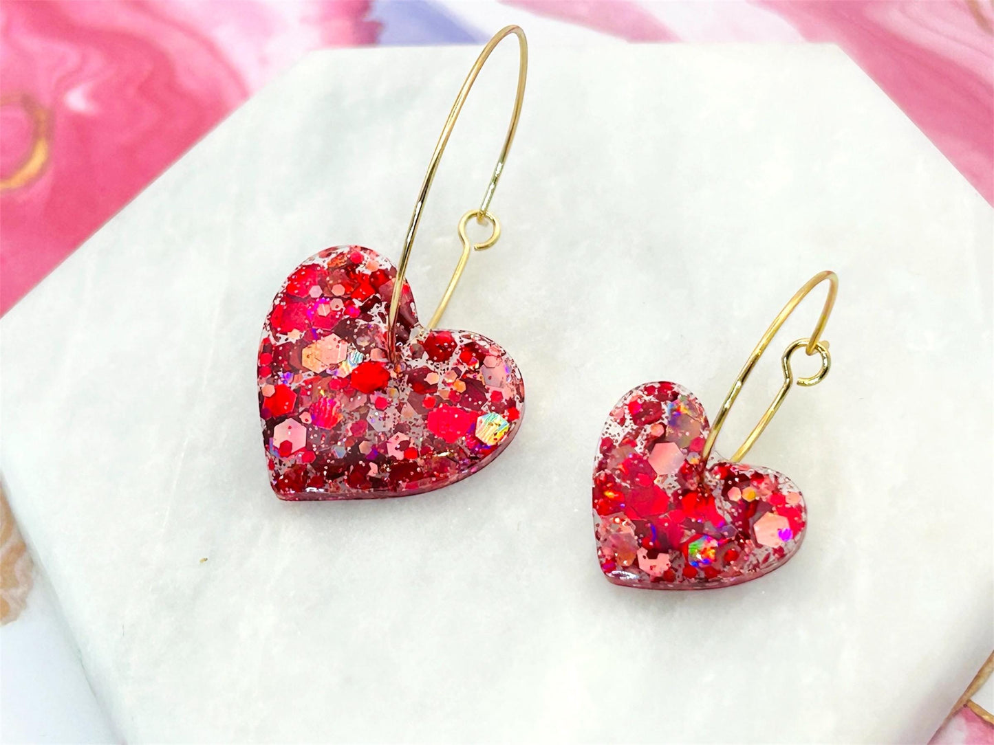 Handmade Red Glitter Heart Earrings: Gold Plated Hoops