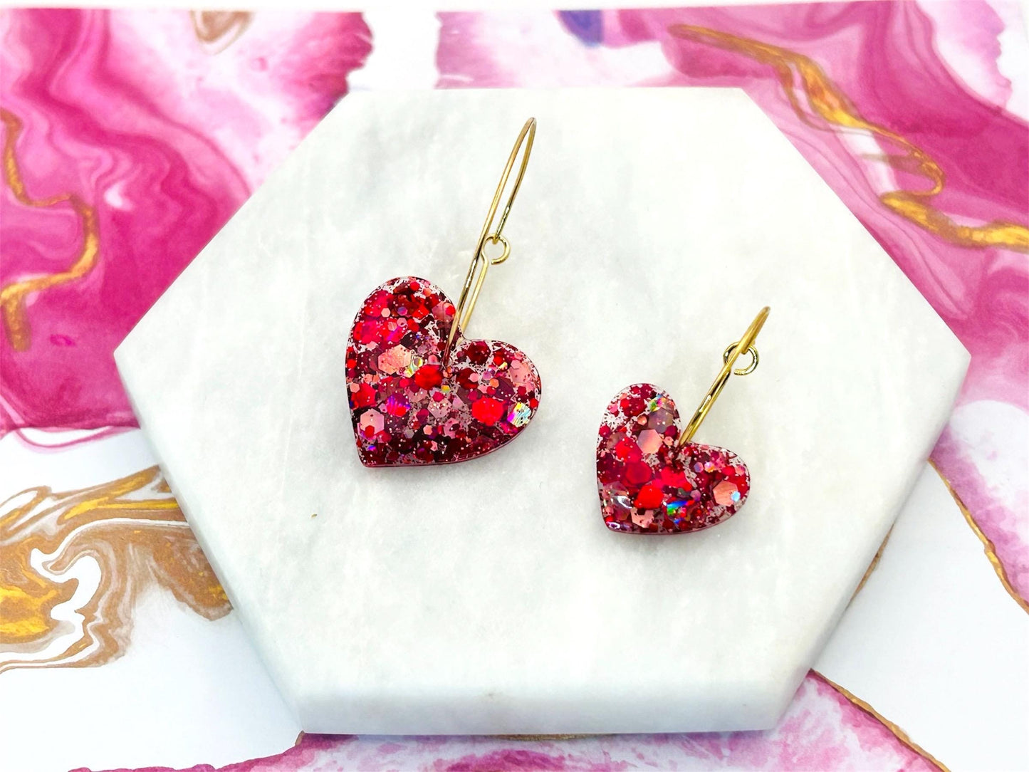 Handmade Red Glitter Heart Earrings: Gold Plated Hoops