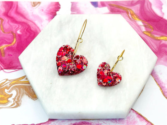 Handmade Red Glitter Heart Earrings: Gold Plated Hoops