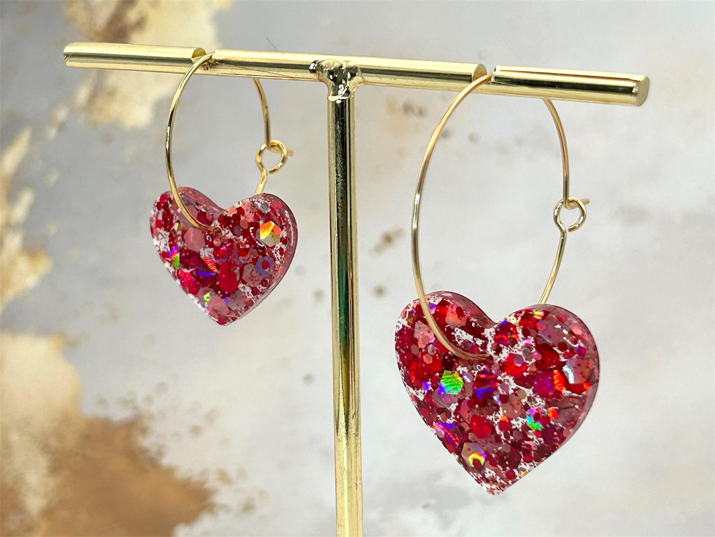 Handmade Red Glitter Heart Earrings: Gold Plated Hoops