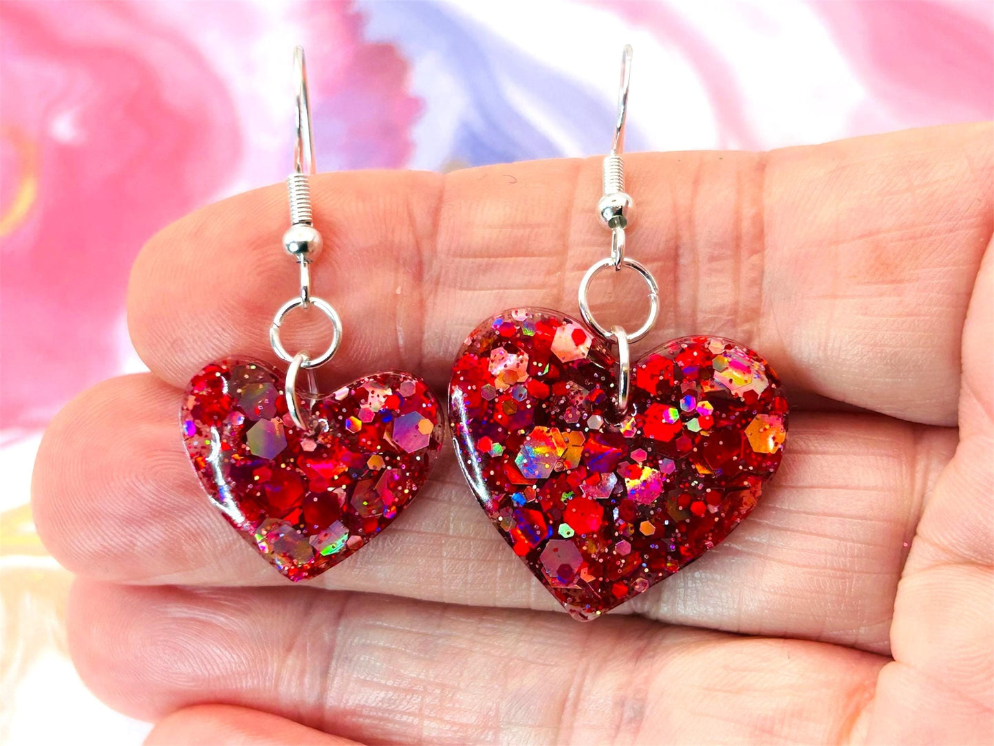 Handmade Red Glitter Heart Earrings: Sterling Silver Hooks, Resin Charm