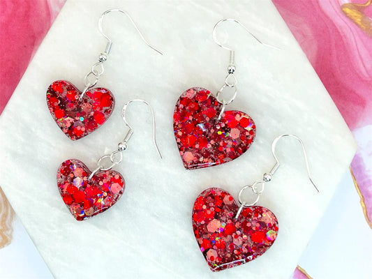 Handmade Red Glitter Heart Earrings: Sterling Silver Hooks, Resin Charm