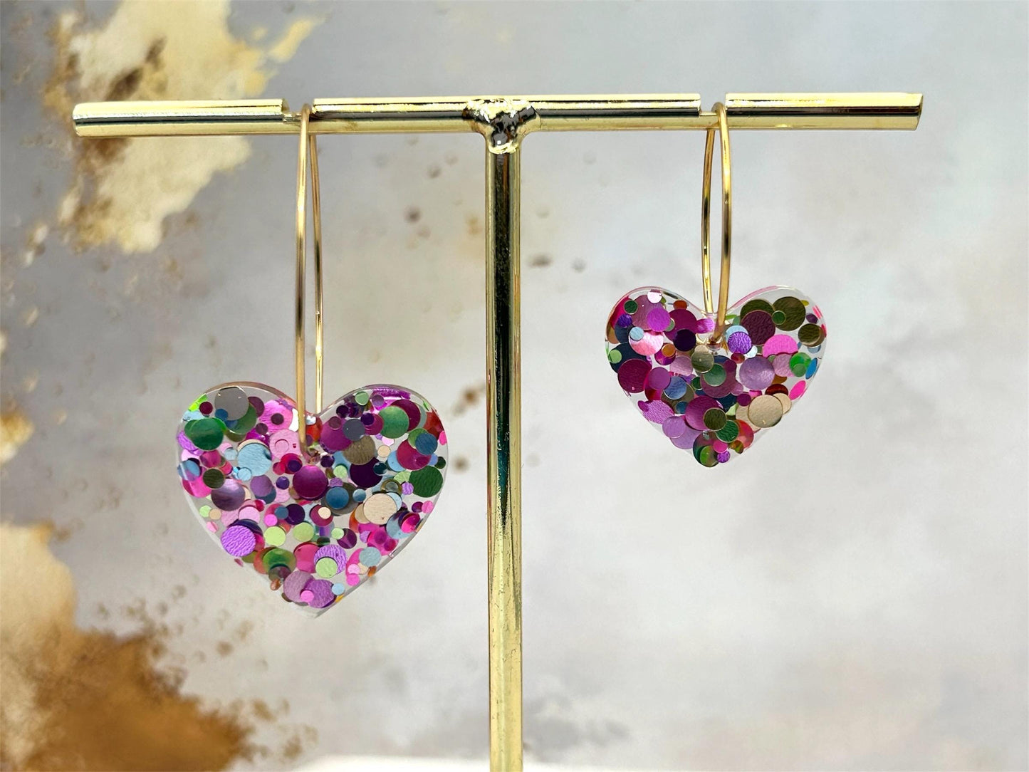 Handmade Resin Heart Earrings: Gold Plated Hoops, Pastel Glitter, Choice of size
