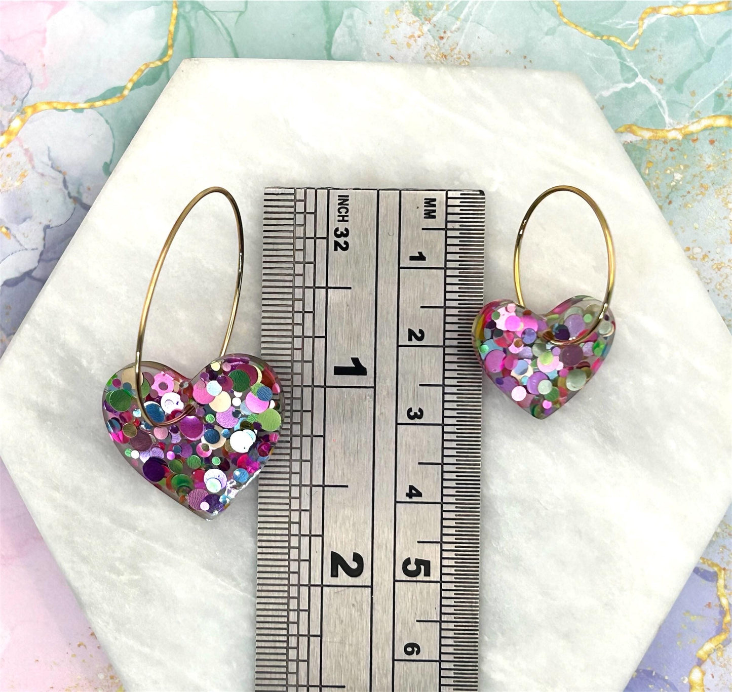 Handmade Resin Heart Earrings: Gold Plated Hoops, Pastel Glitter, Choice of size