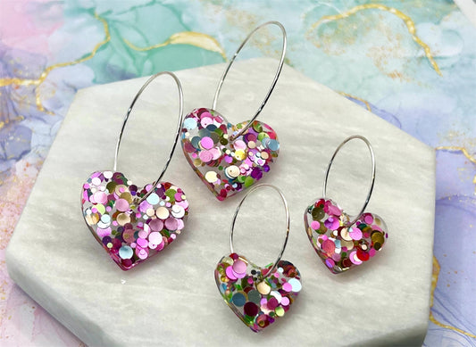 Handmade Resin Heart Earrings: Silver Plated Hoops, Pastel Glitter
