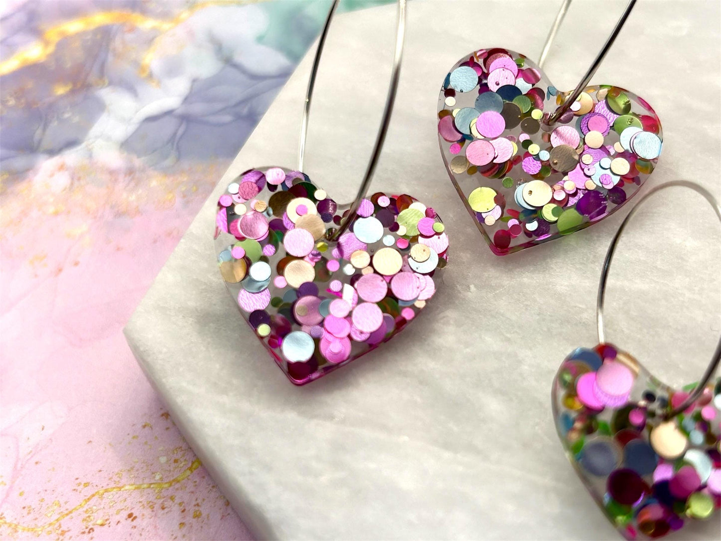 Handmade Resin Heart Earrings: Silver Plated Hoops, Pastel Glitter
