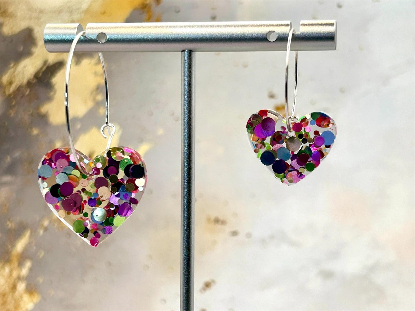 Handmade Resin Heart Earrings: Silver Plated Hoops, Pastel Glitter
