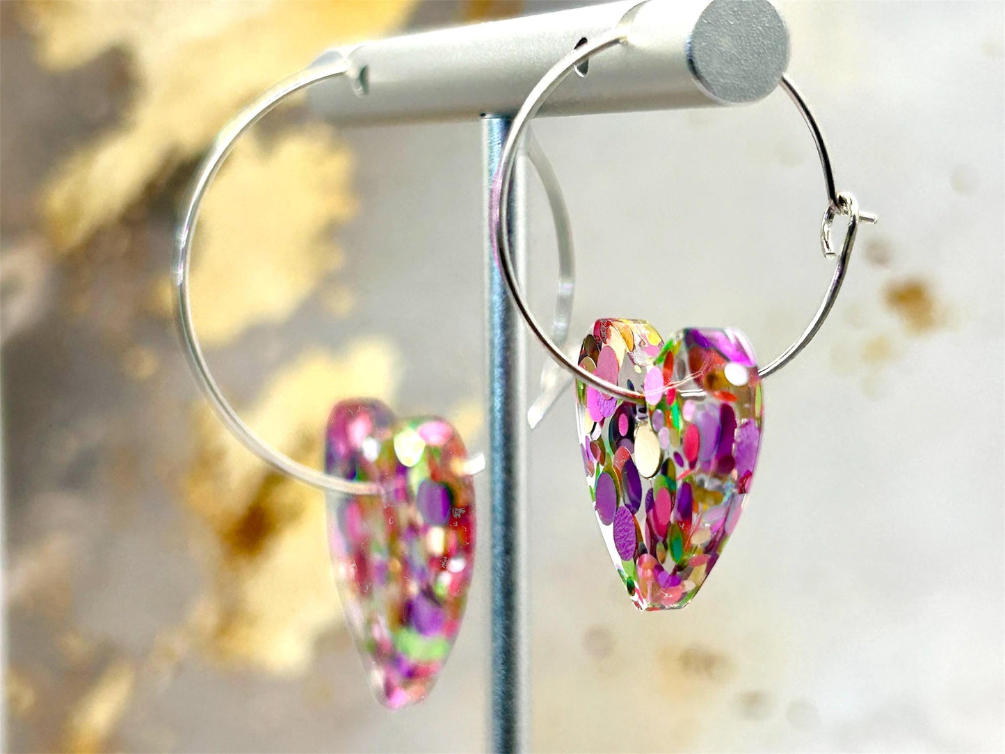 Handmade Resin Heart Earrings: Silver Plated Hoops, Pastel Glitter