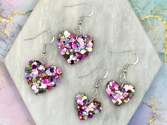 Handmade Heart Resin Earrings: Pastel Glitter, Sterling Silver Hooks