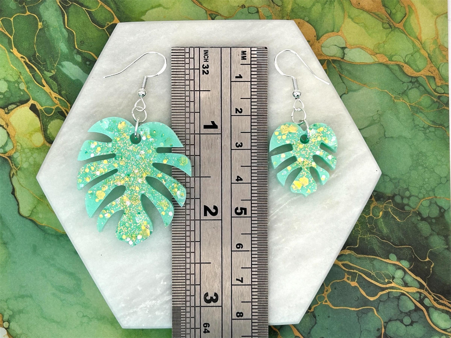 Handmade Monstera Leaf Resin Earrings: Green Glitter, Sterling Silver