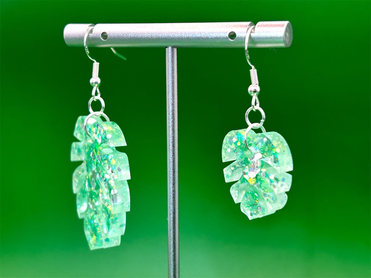 Handmade Glitter Monstera Leaf Earrings: Green Resin, Sterling Silver