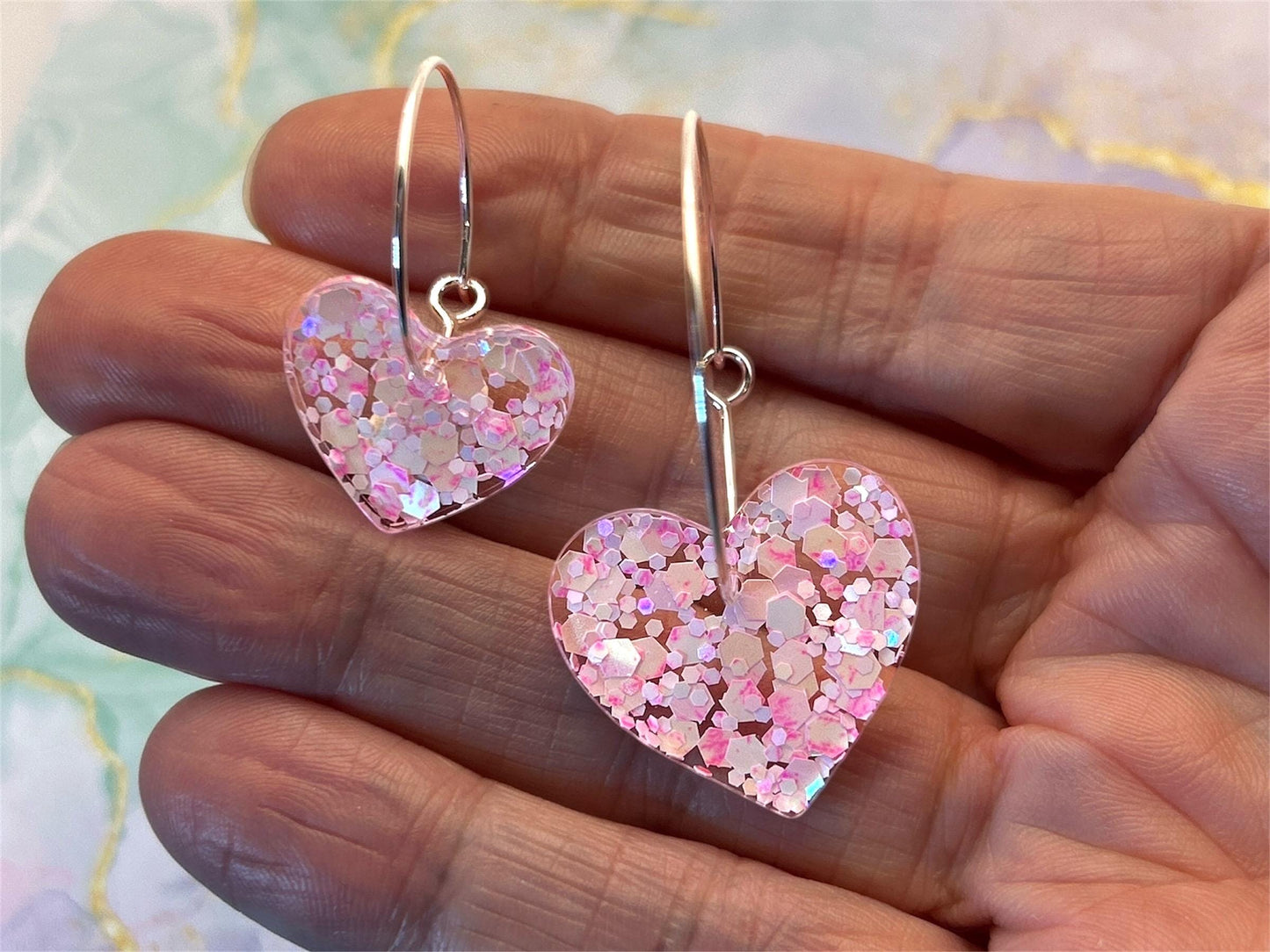 Handmade Raspberry Glitter Heart Earrings: Silver Plated Hoops