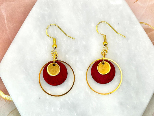 Handmade Brass Hoop Earrings: Burgundy Resin Circle Charm