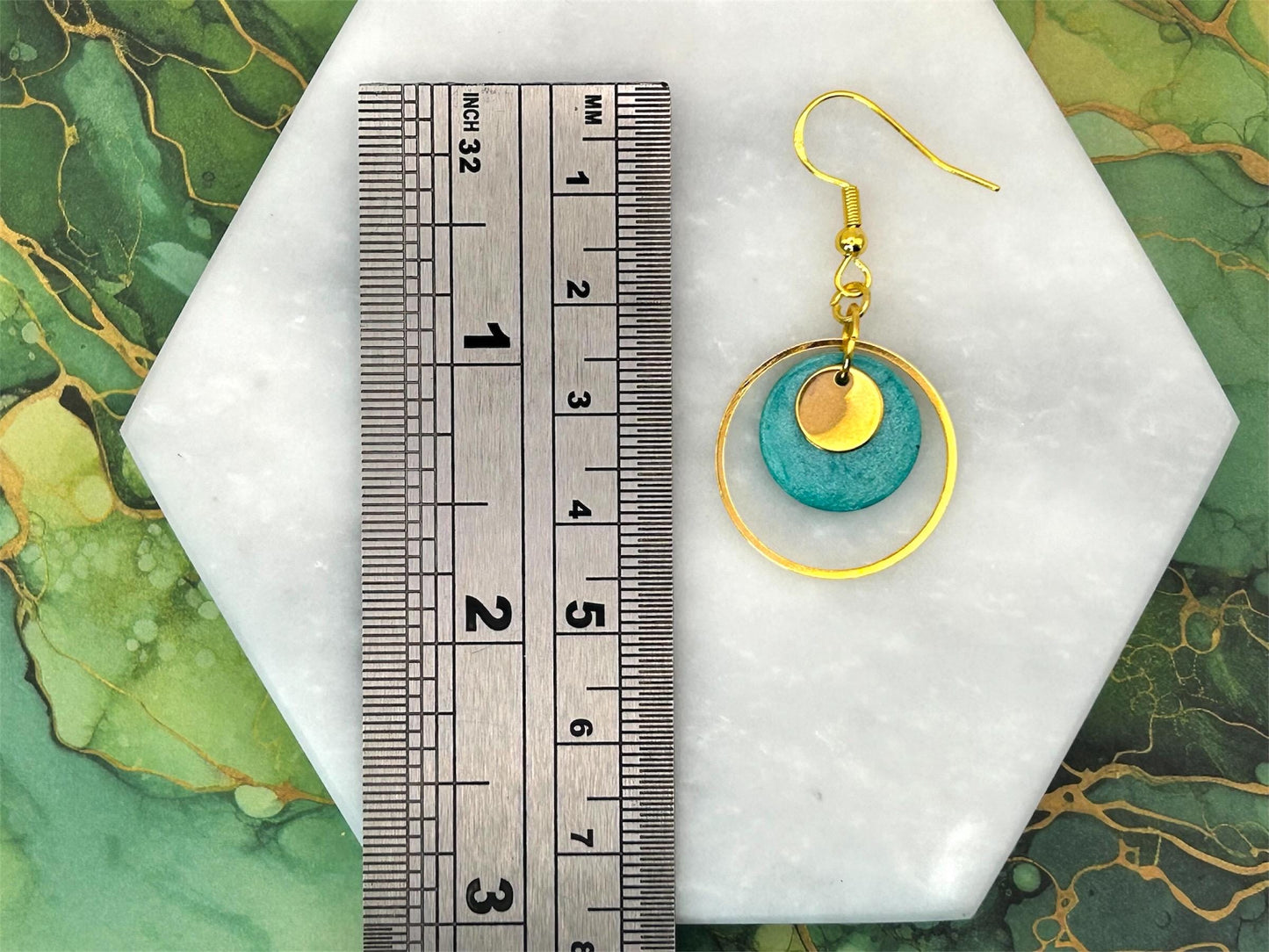 Handmade Brass Hoop Earrings: Green Resin Circle Charm, Gold Plated Hooks