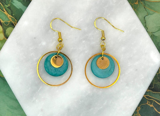 Handmade Brass Hoop Earrings: Green Resin Circle Charm, Gold Plated Hooks