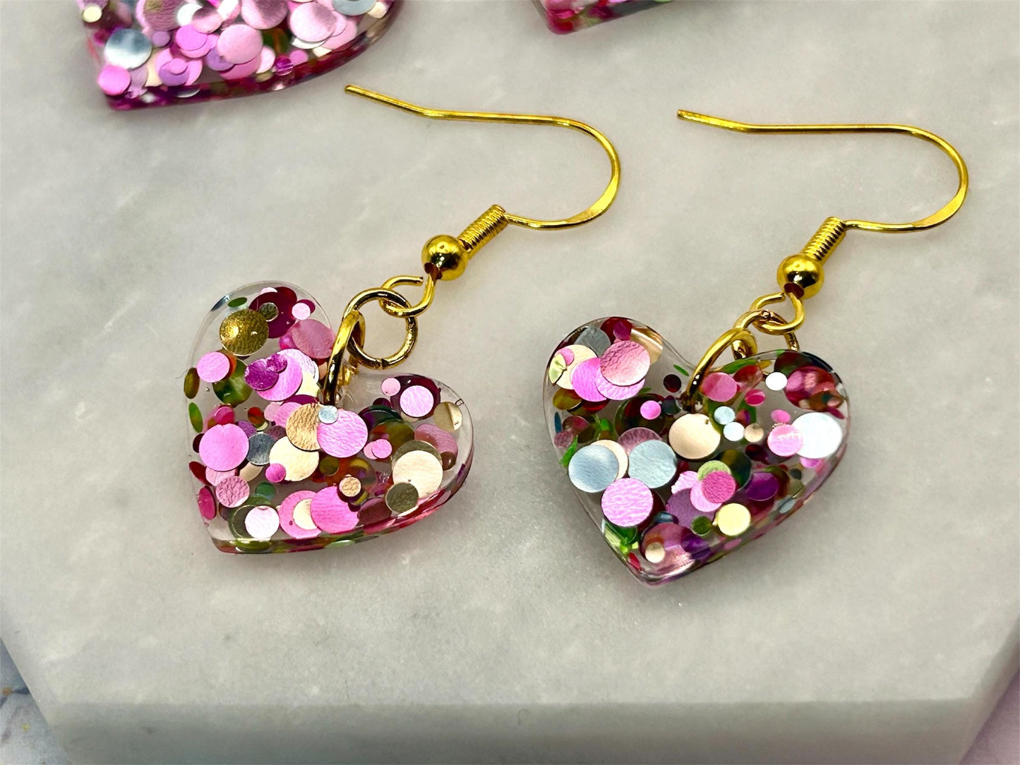 Handmade Resin Heart Earrings: Gold Plated Hooks, Pastel Glitter