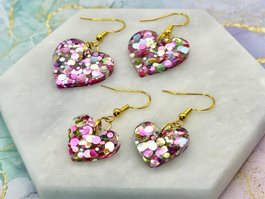 Handmade Resin Heart Earrings: Gold Plated Hooks, Pastel Glitter
