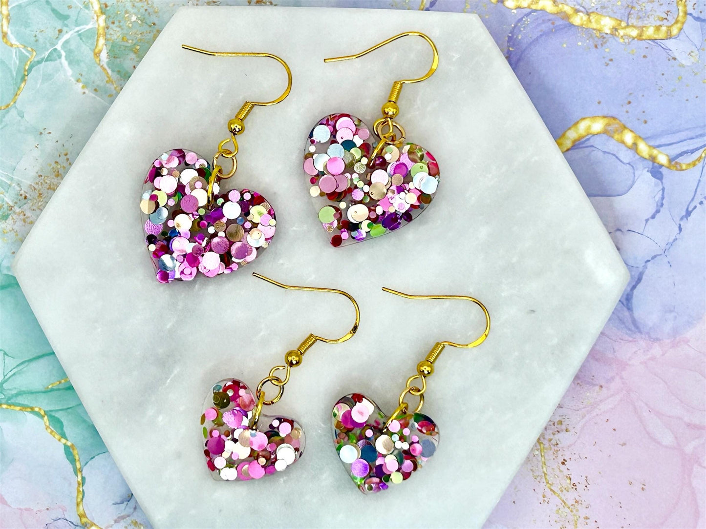 Handmade Resin Heart Earrings: Gold Plated Hooks, Pastel Glitter