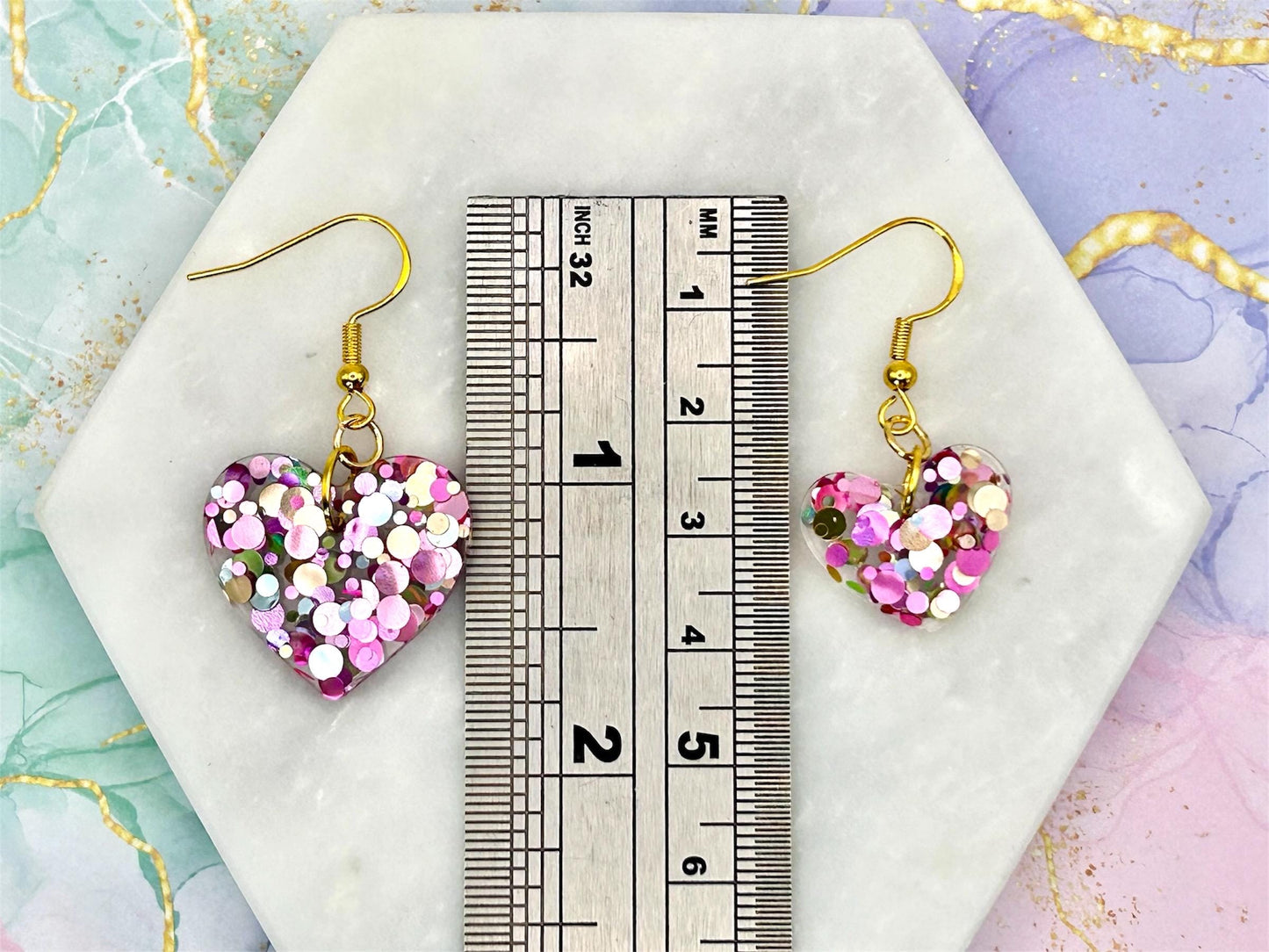 Handmade Resin Heart Earrings: Gold Plated Hooks, Pastel Glitter