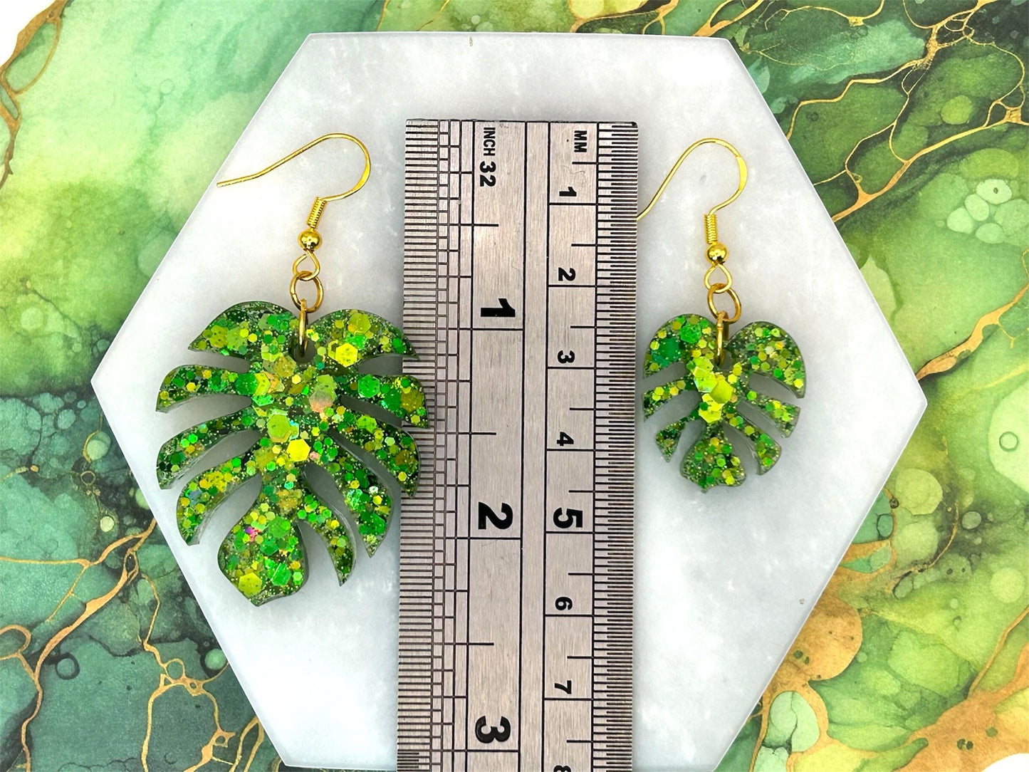 Handmade Glitter Monstera Leaf Earrings: Green Resin on Gold Plated Hooks