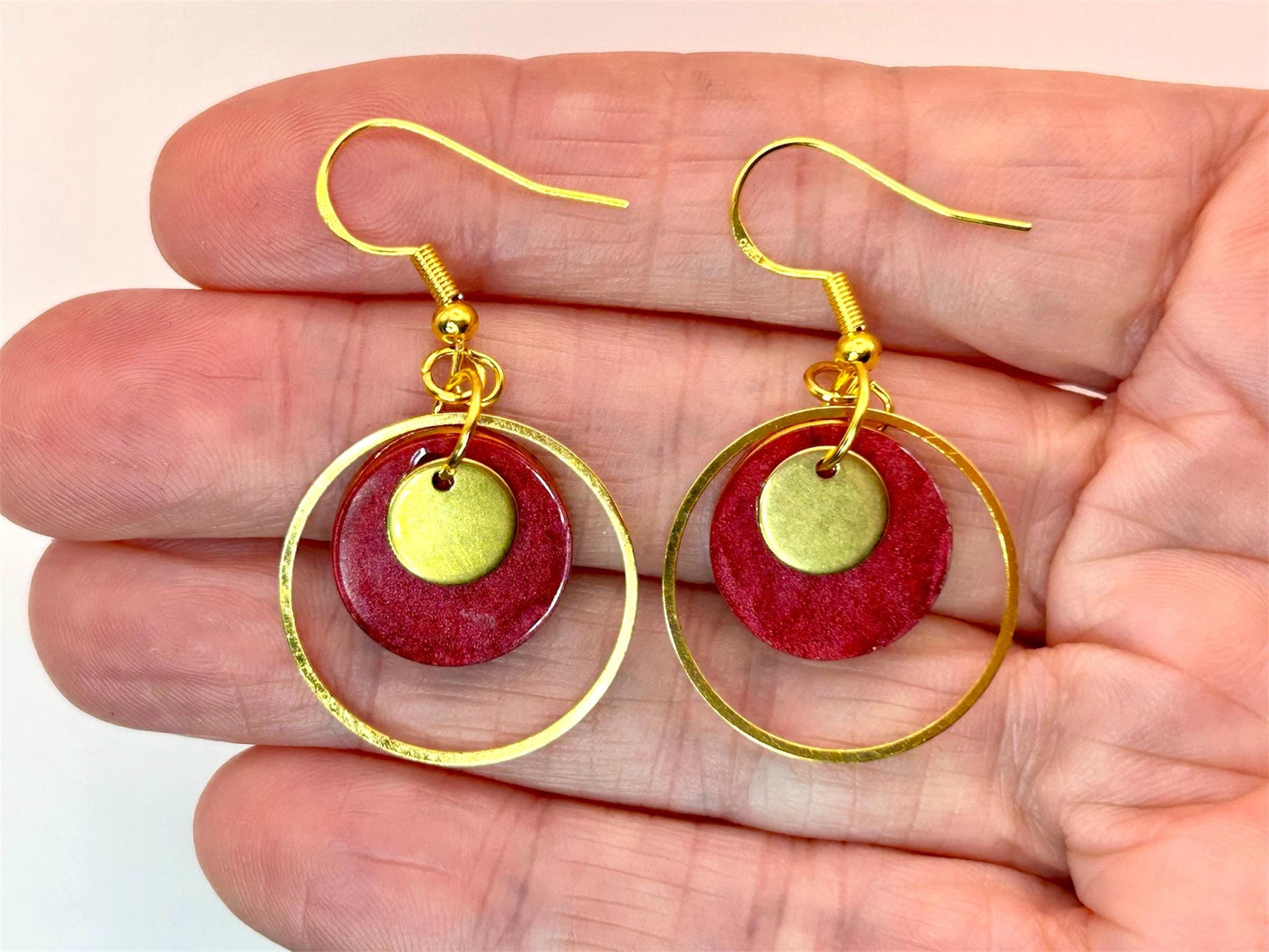 Handmade Brass Hoop Earrings: Burgundy Resin Circle Charm