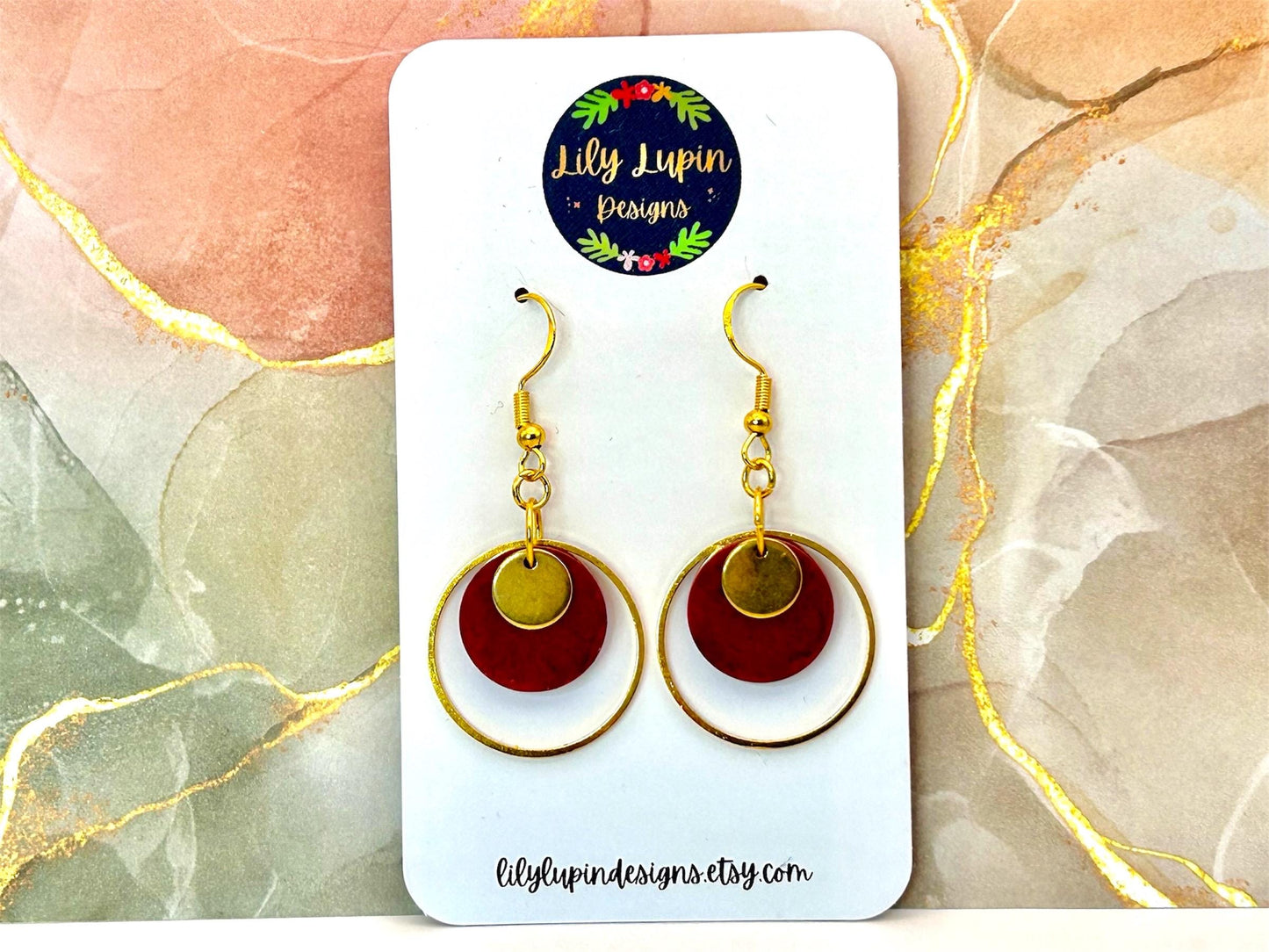 Handmade Brass Hoop Earrings: Burgundy Resin Circle Charm