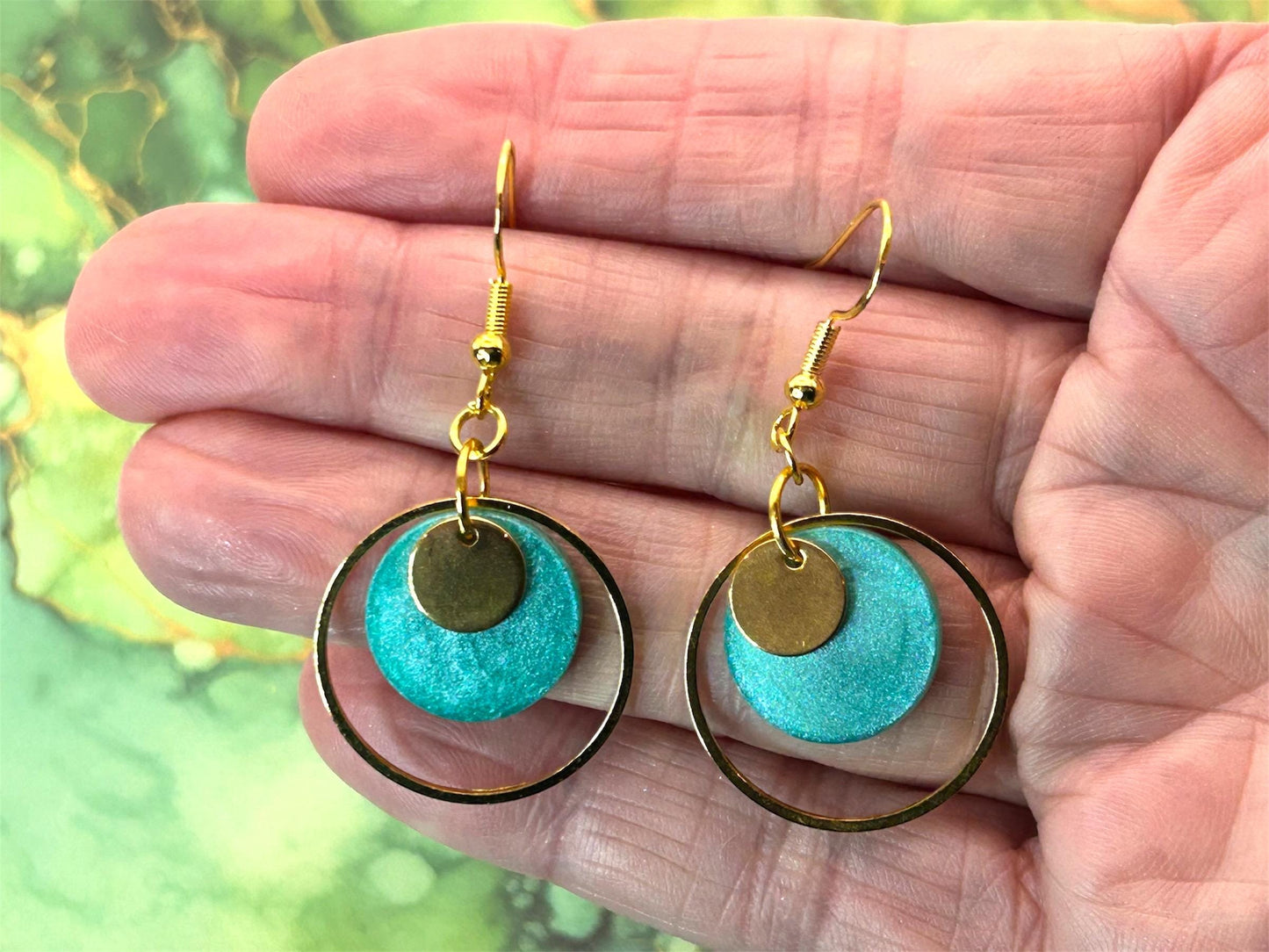 Handmade Brass Hoop Earrings: Green Resin Circle Charm, Gold Plated Hooks