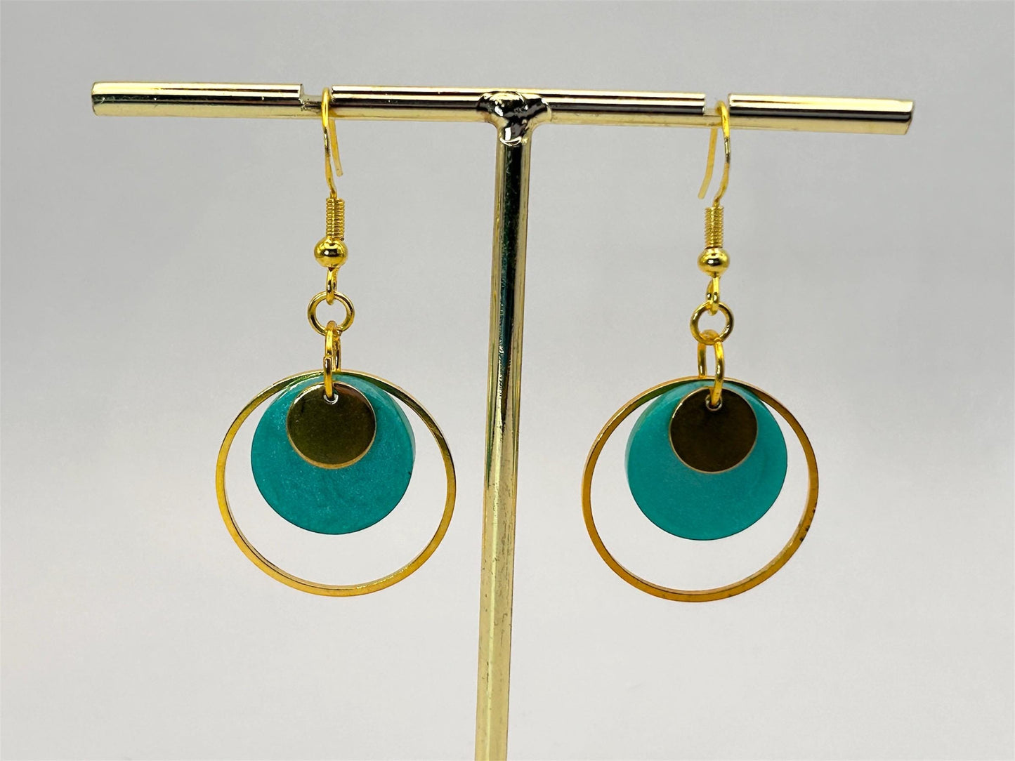 Handmade Brass Hoop Earrings: Green Resin Circle Charm, Gold Plated Hooks