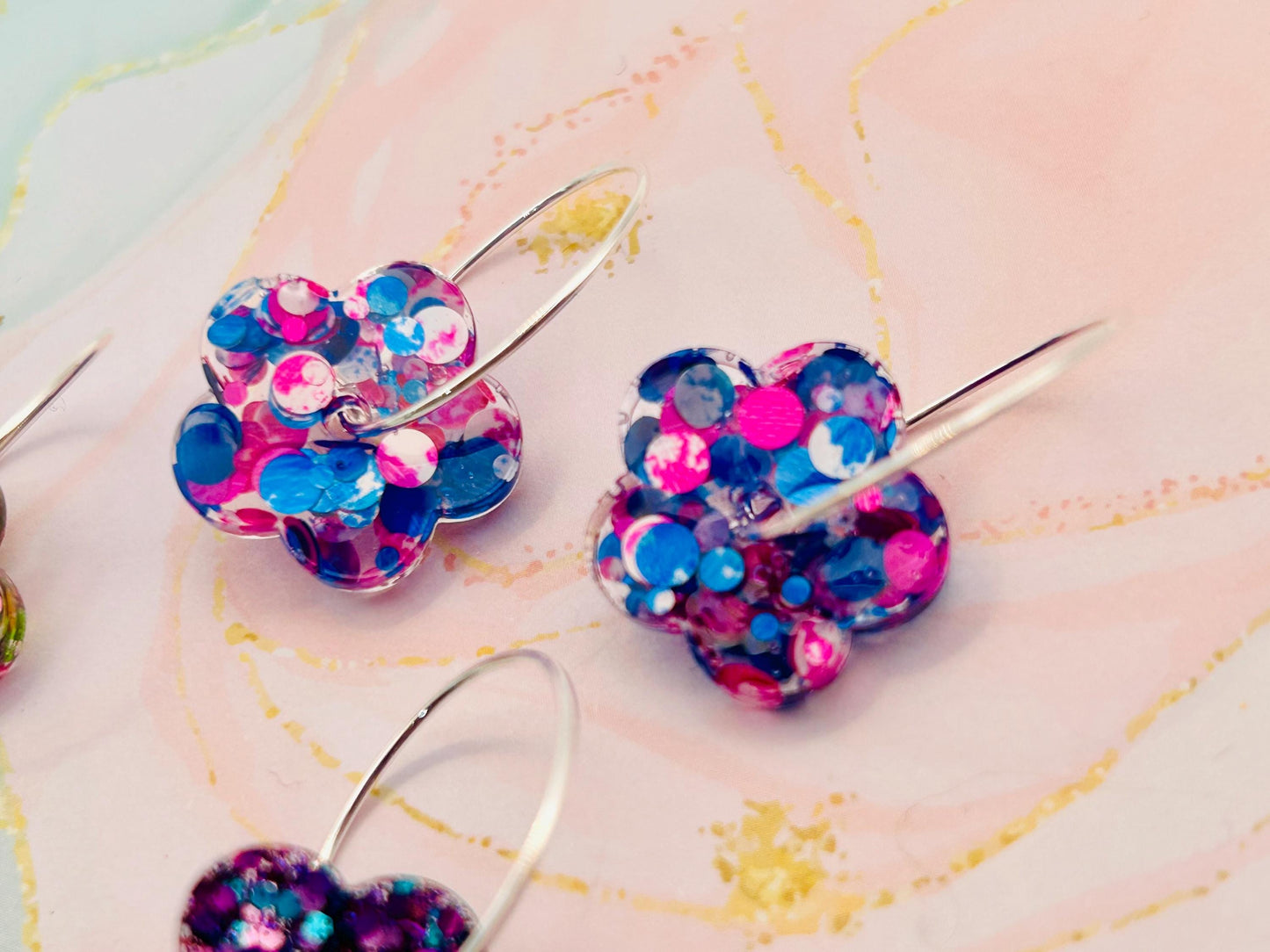 Handmade Resin Flower Earrings: Silver Plated Hoops. Gorgeous Choice of Colours. Perfect gift or treat yourself!