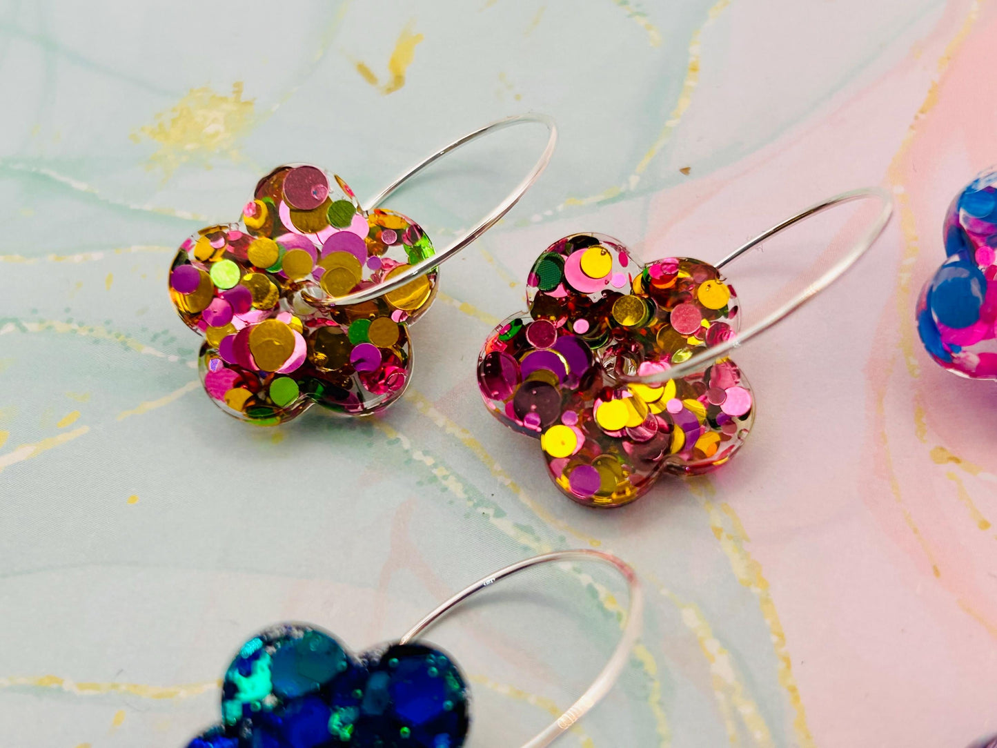 Handmade Resin Flower Earrings: Silver Plated Hoops. Gorgeous Choice of Colours. Perfect gift or treat yourself!