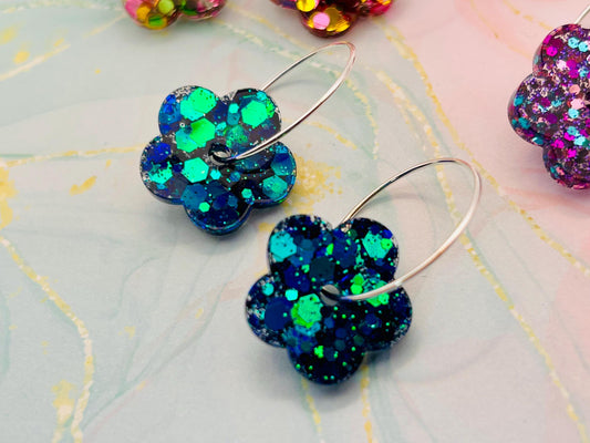 Handmade Resin Flower Earrings: Silver Plated Hoops. Gorgeous Choice of Colours. Perfect gift or treat yourself!