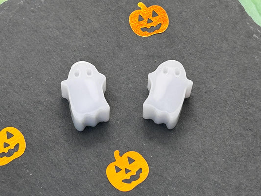 Handmade Halloween Cute Ghost Stud Earrings: White Resin, Silver Plated Hoops
