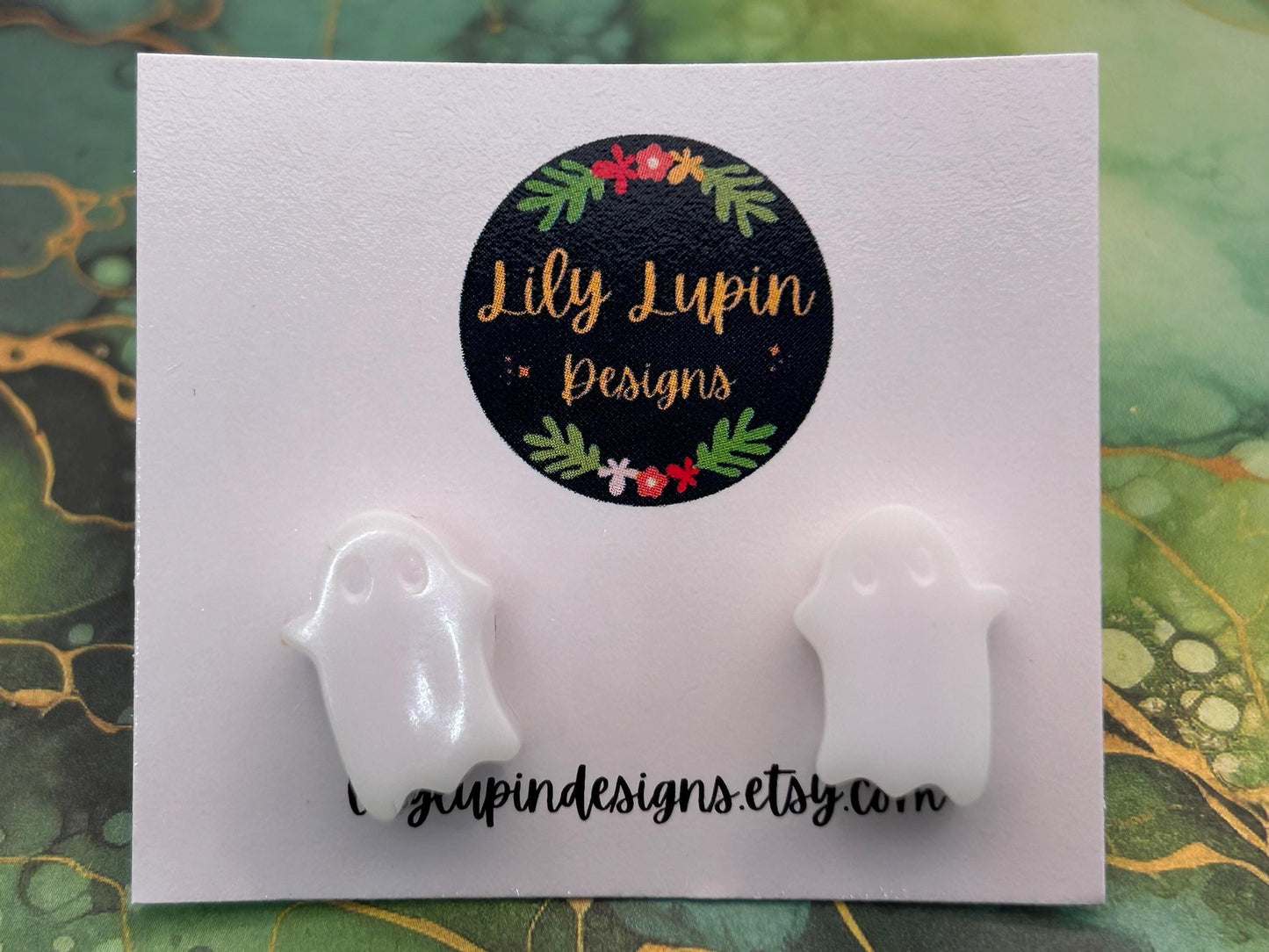 Handmade Halloween Cute Ghost Stud Earrings: White Resin, Silver Plated Hoops
