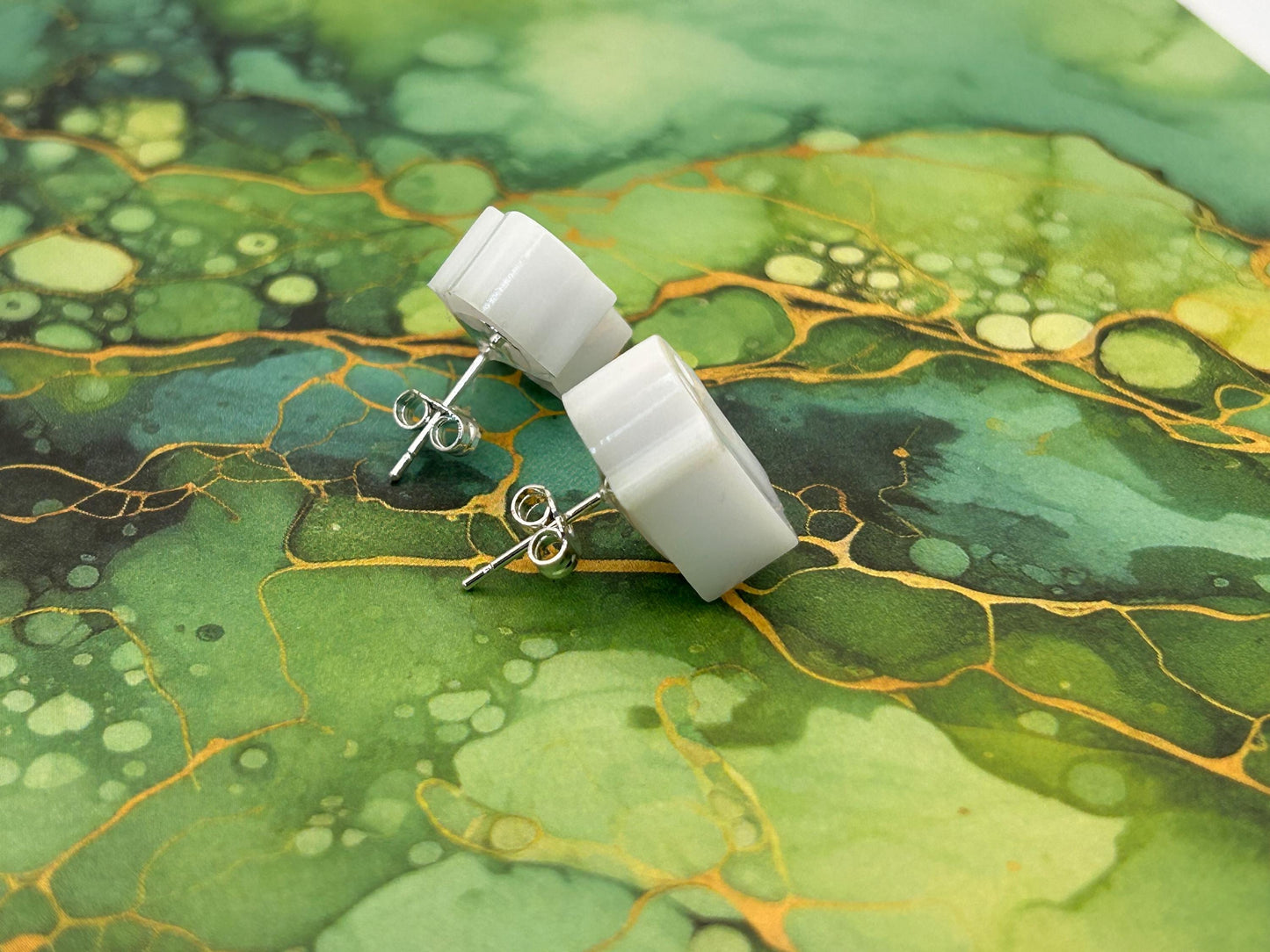 Handmade Halloween Cute Ghost Stud Earrings: White Resin, Silver Plated Hoops