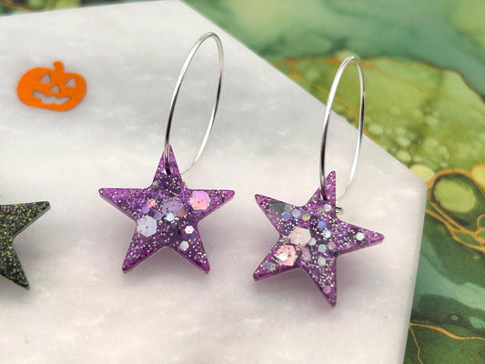 Handmade Resin Earrings. Stars with Glitter and Silver Plated Hoops. Choice of Halloween Inspired Colour.