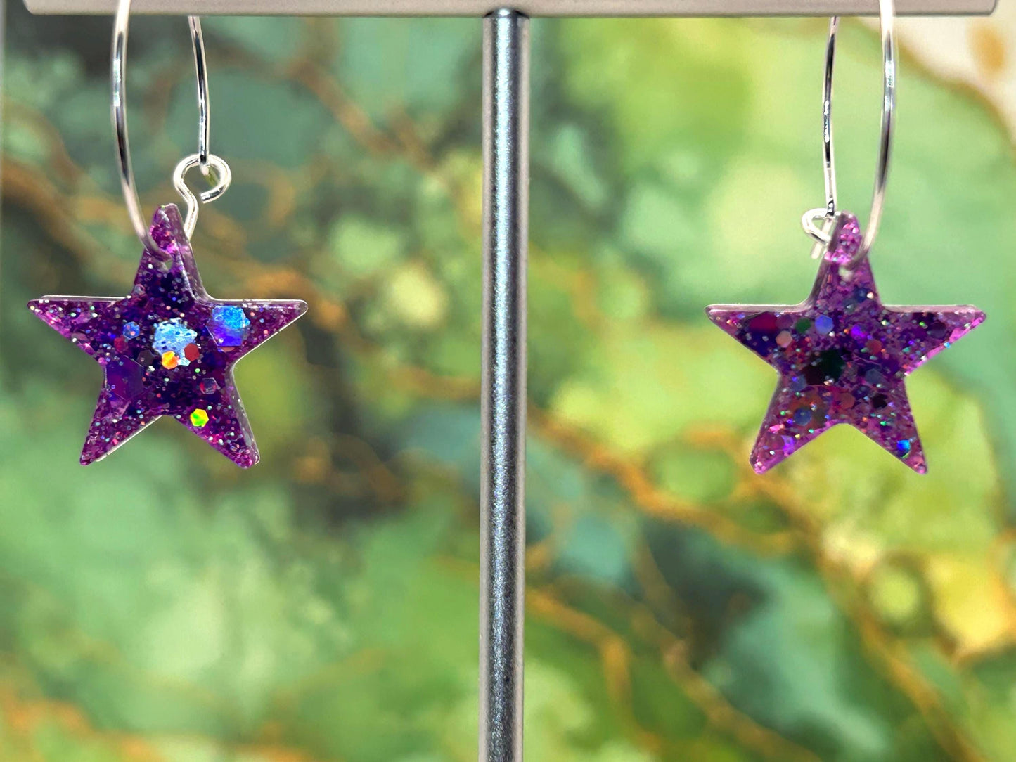 Handmade Resin Earrings. Stars with Glitter and Silver Plated Hoops. Choice of Halloween Inspired Colour.