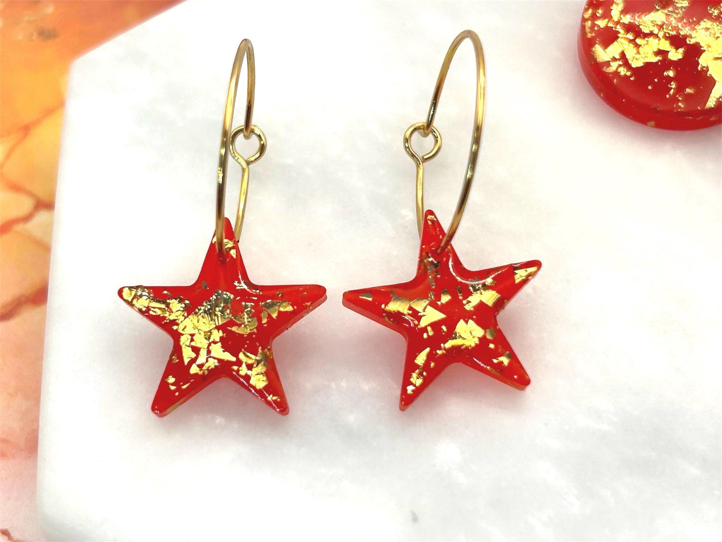 Handmade Resin Earrings. Stars or Circles with Gold Leaf on Gold Plated Hoops. Cherry Red.