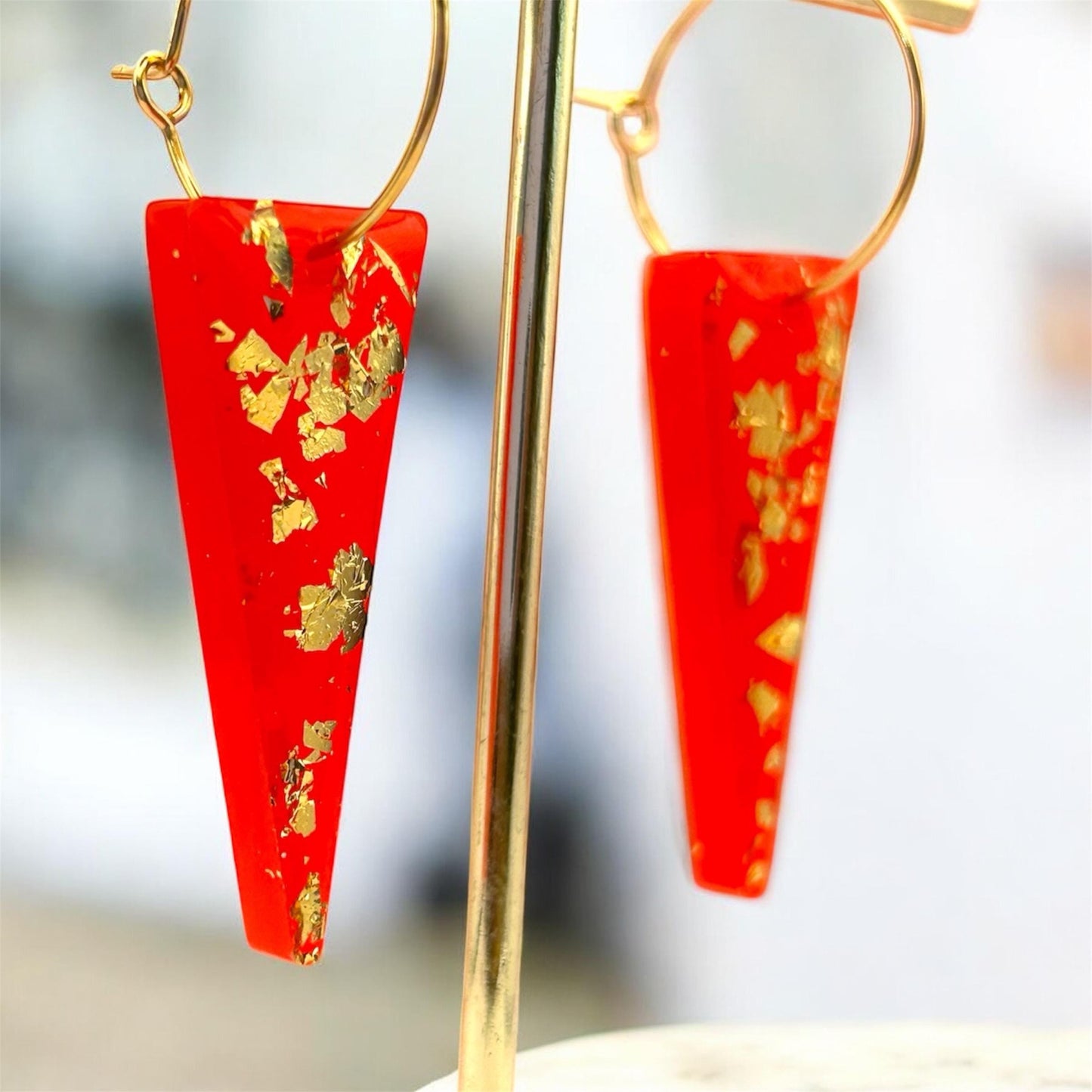 Handmade Resin Earrings. Triangle with Gold Leaf. Gold Plated Hoops or Hooks. Cherry Red.