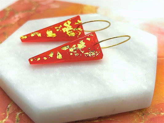 Handmade Resin Earrings. Triangle with Gold Leaf. Gold Plated Hoops or Hooks. Cherry Red.
