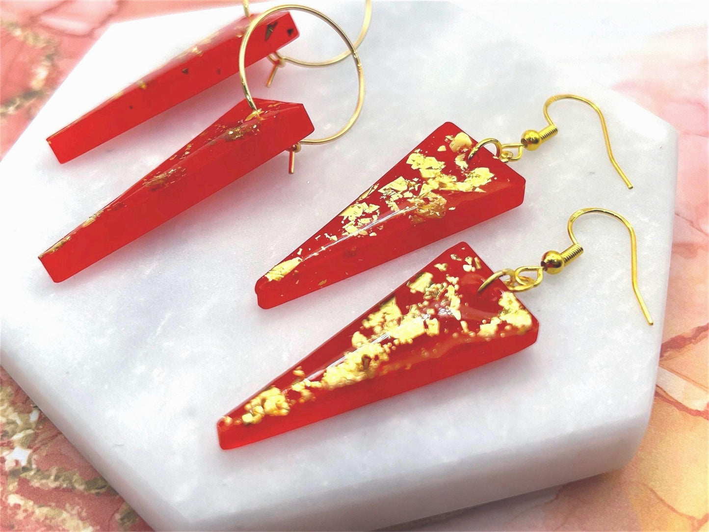 Handmade Resin Earrings. Triangle with Gold Leaf. Gold Plated Hoops or Hooks. Cherry Red.