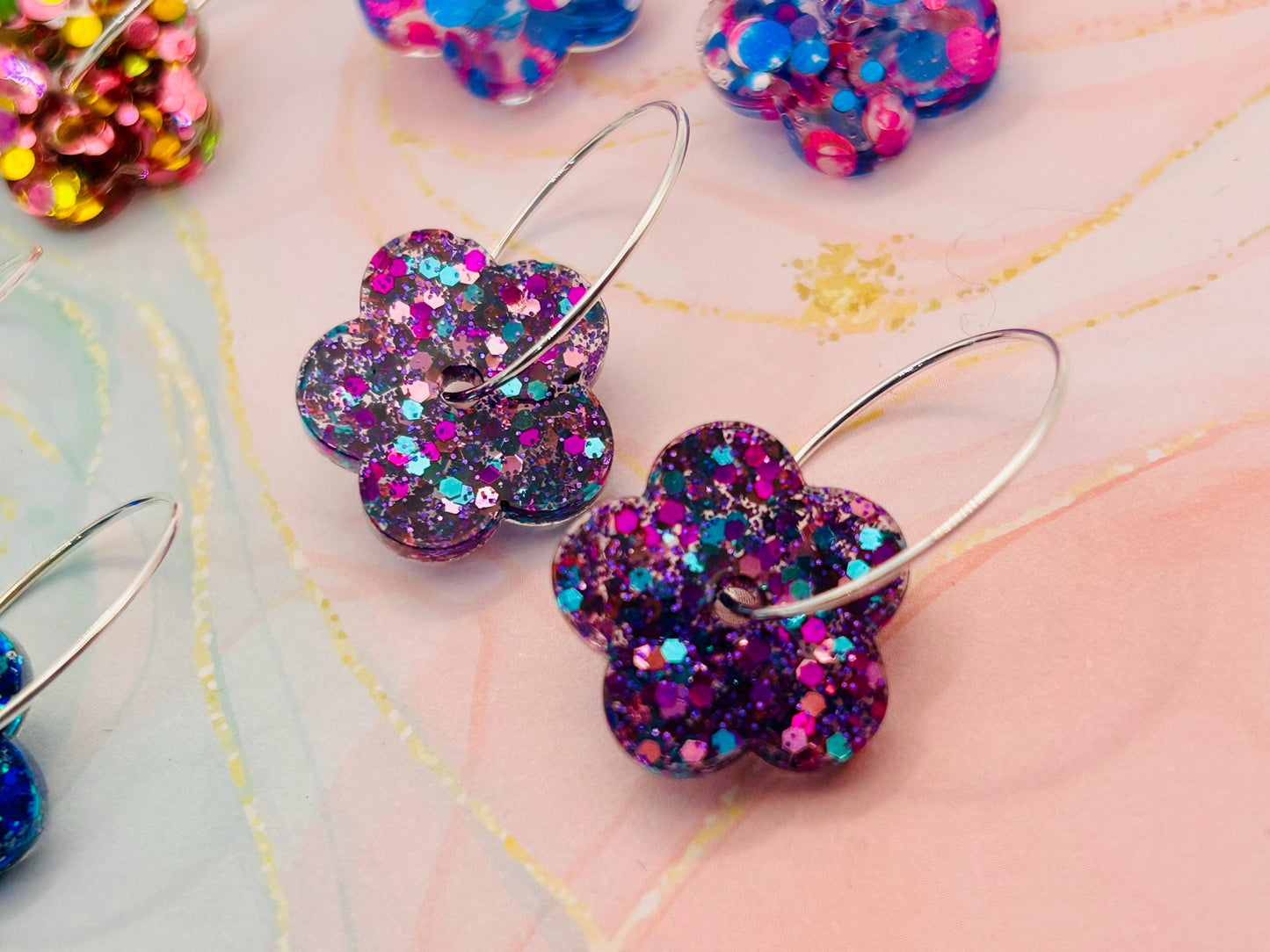 Handmade Resin Flower Earrings: Silver Plated Hoops. Gorgeous Choice of Colours. Perfect gift or treat yourself!