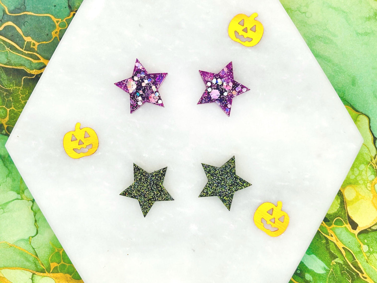 Halloween Handmade Star Stud Earrings: Resin, glitter and Sterling Silver posts. Perfect for a gift or treat yourself!