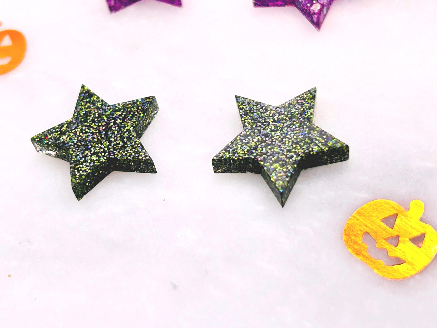 Halloween Handmade Star Stud Earrings: Resin, glitter and Sterling Silver posts. Perfect for a gift or treat yourself!