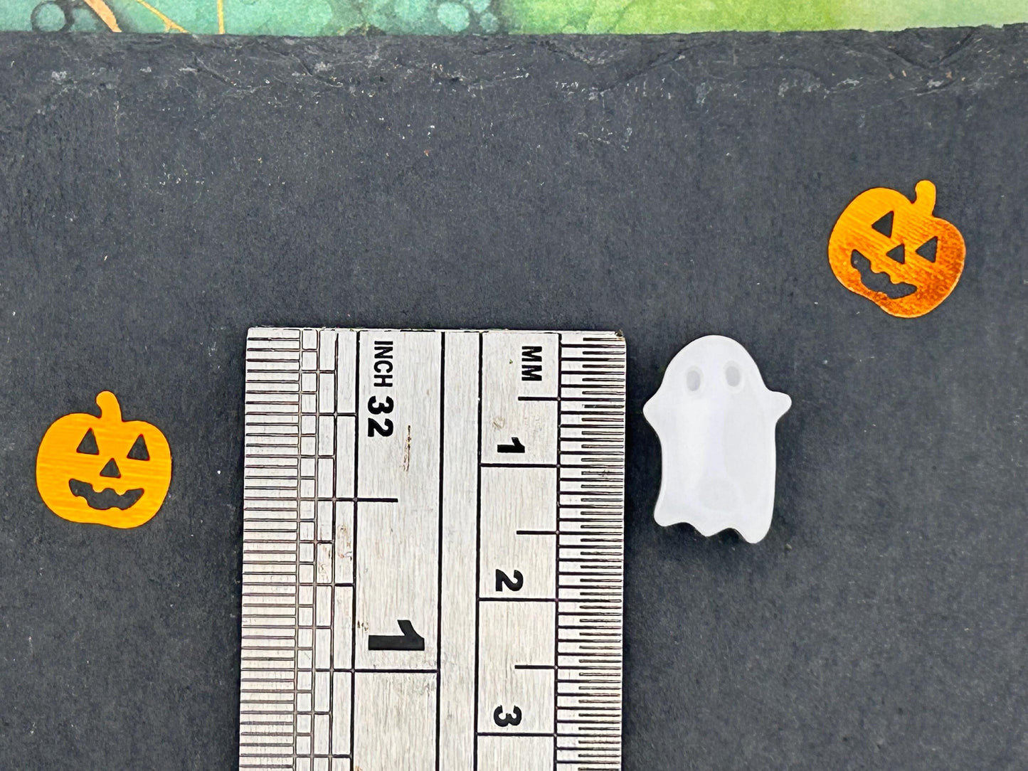 Handmade Halloween Cute Ghost Stud Earrings: White Resin, Silver Plated Hoops